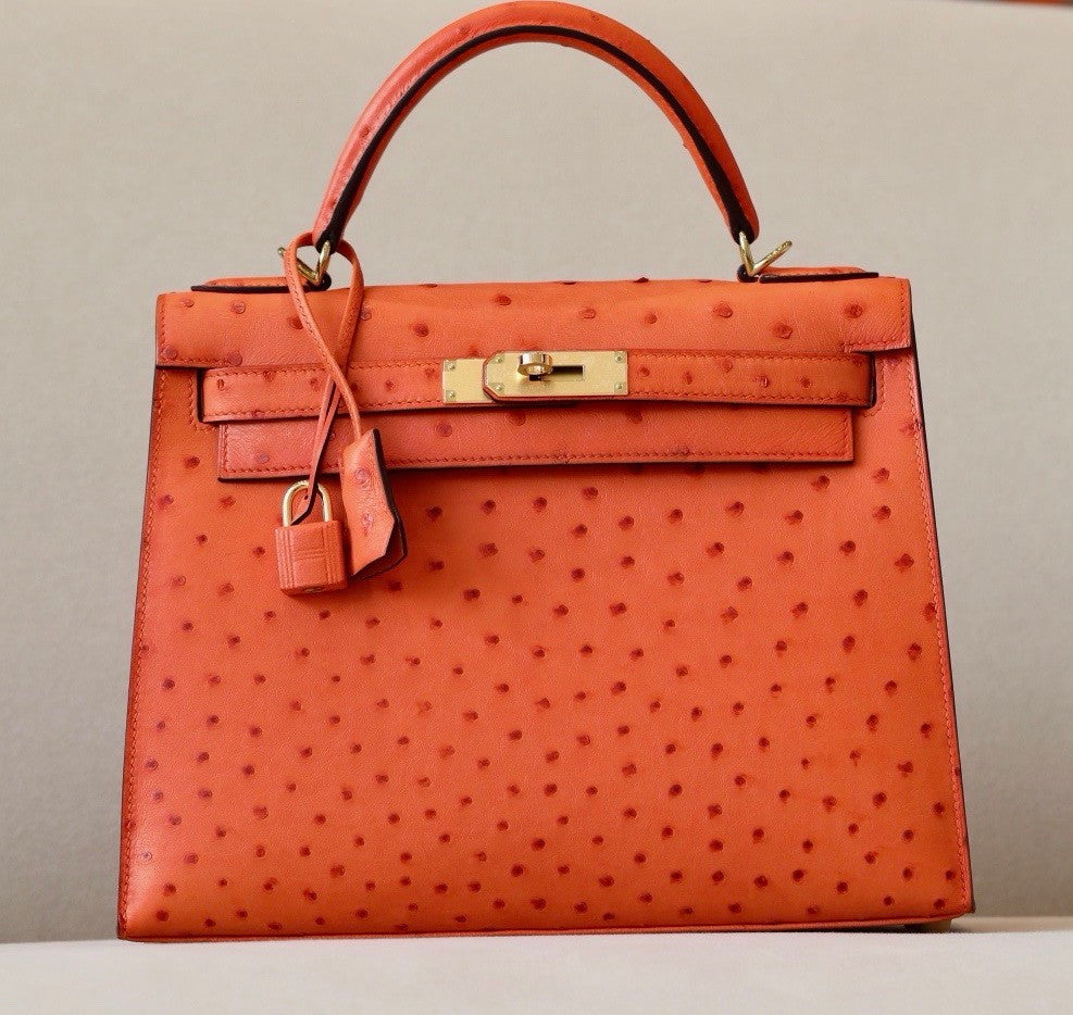 Hermes Kelly 28 Sellier Orange Ostrich Gold Hardware