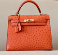 Hermes Kelly 28 Sellier Orange Ostrich Gold Hardware