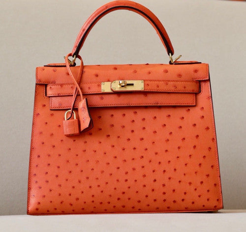 Hermes Kelly 28 Sellier Orange Ostrich Gold Hardware