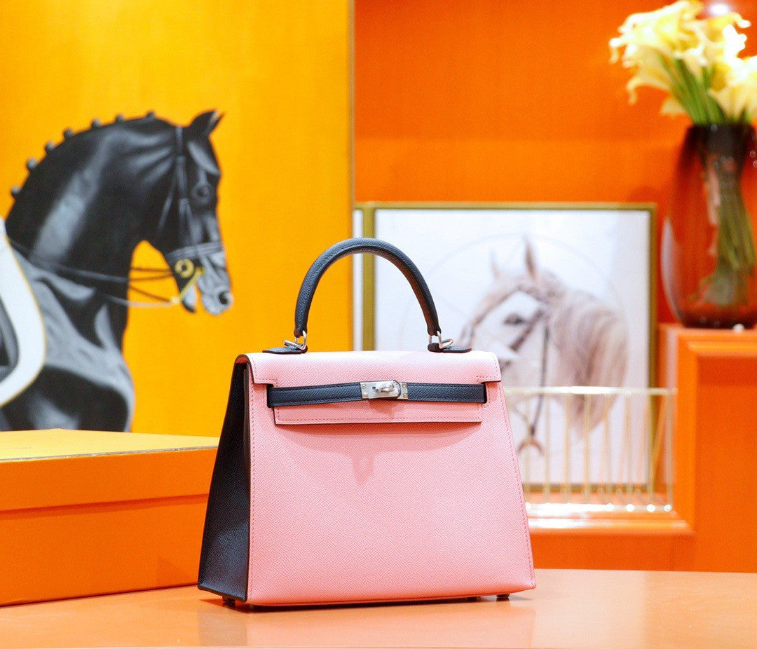 Hermes Rose Confetti /Blue Nuit  Sellier Kelly 25 cm Epsom Gold Hardware