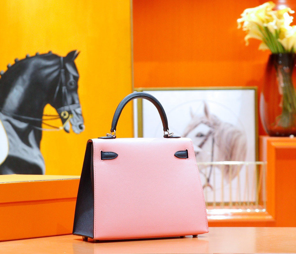Hermes Rose Confetti /Blue Nuit  Sellier Kelly 25 cm Epsom Gold Hardware