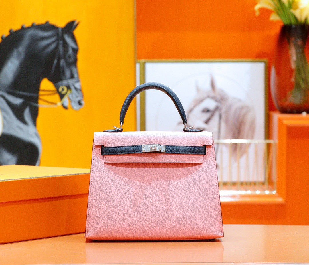 Hermes Rose Confetti /Blue Nuit  Sellier Kelly 25 cm Epsom Gold Hardware