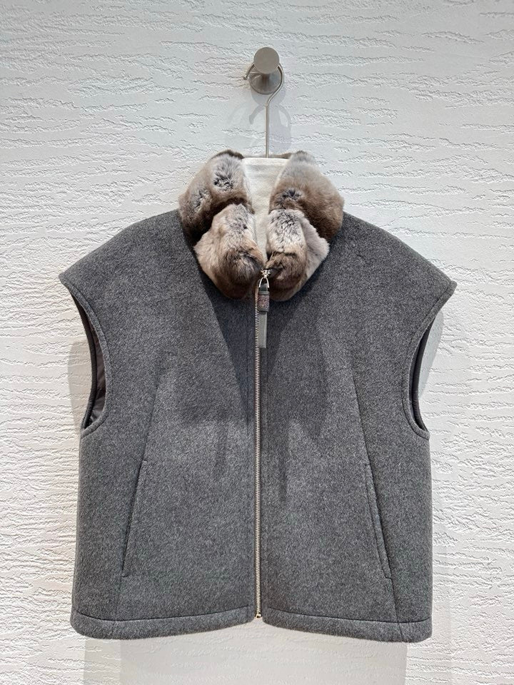 Brunello Cucinelli cashmere goose down vest in heather grey with chinchilla-pattern fur collar