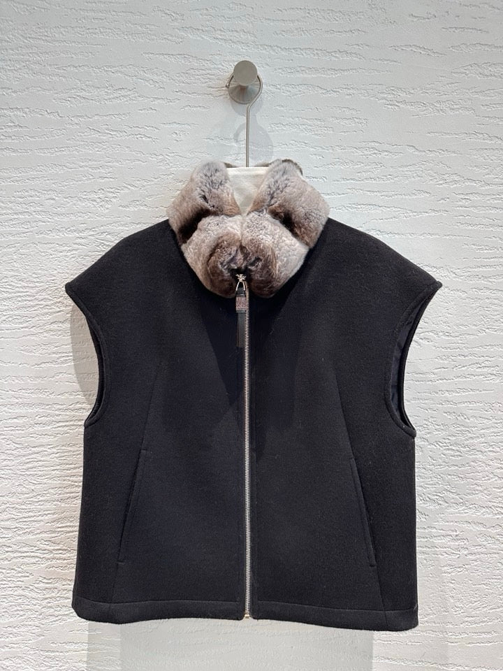 Brunello Cucinelli cashmere goose down vest in black with chinchilla-pattern fur collar
