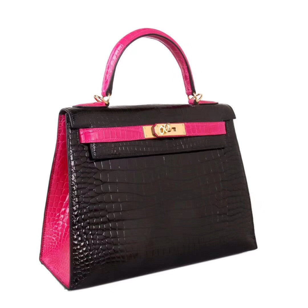Hermes SHINY BLACK/ 5J Peach Pink NILOTICUS CROCODILE KELLY 28 WITH GOLD HARDWARE