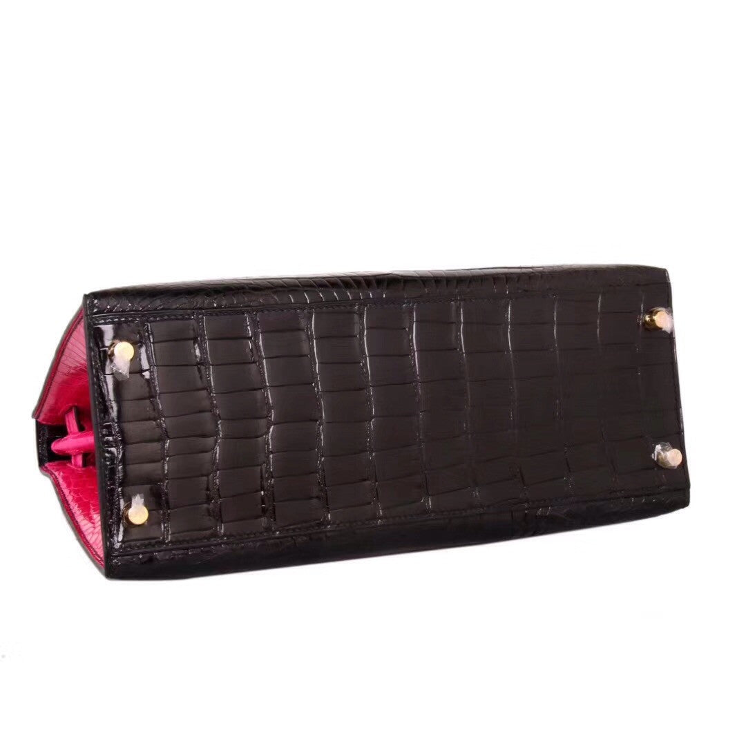 Hermes SHINY BLACK/ 5J Peach Pink NILOTICUS CROCODILE KELLY 28 WITH GOLD HARDWARE