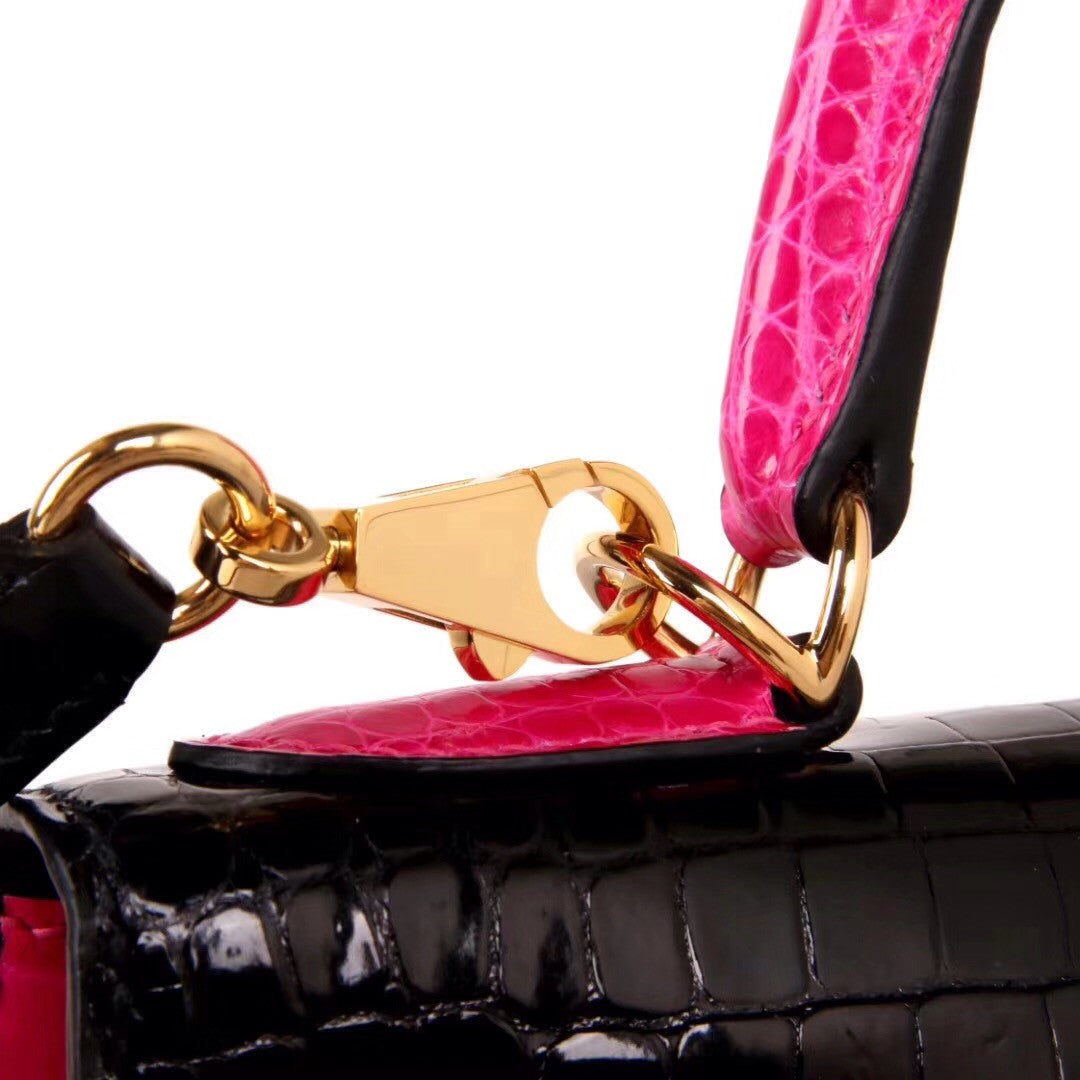 Hermes SHINY BLACK/ 5J Peach Pink NILOTICUS CROCODILE KELLY 28 WITH GOLD HARDWARE