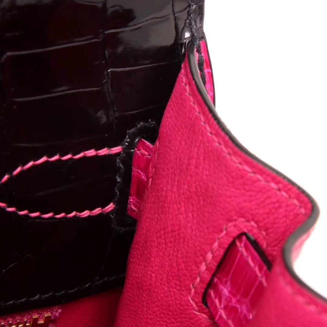Hermes SHINY BLACK/ 5J Peach Pink NILOTICUS CROCODILE KELLY 28 WITH GOLD HARDWARE