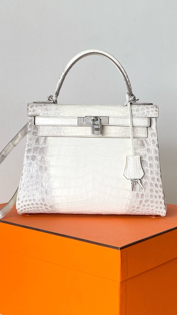 Hermes Kelly Bag 25cm Matte Himalaya Nilo Crocodile Retourne with Diamond Hardware