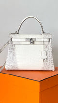 Hermes Kelly Bag 25cm Matte Himalaya Nilo Crocodile Retourne with Diamond Hardware