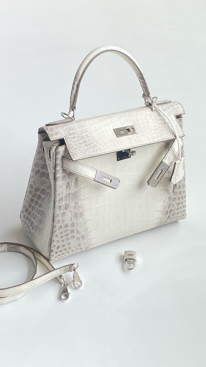 Hermes Kelly Bag 25cm Matte Himalaya Nilo Crocodile Retourne with Diamond Hardware