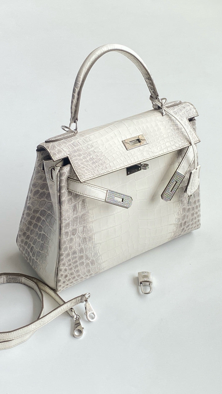 Hermes Kelly Bag 25cm Matte Himalaya Nilo Crocodile Retourne with Diamond Hardware