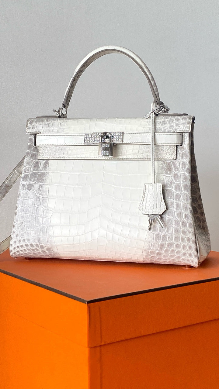 Hermes Kelly Bag 25cm Matte Himalaya Nilo Crocodile Retourne with Diamond Hardware