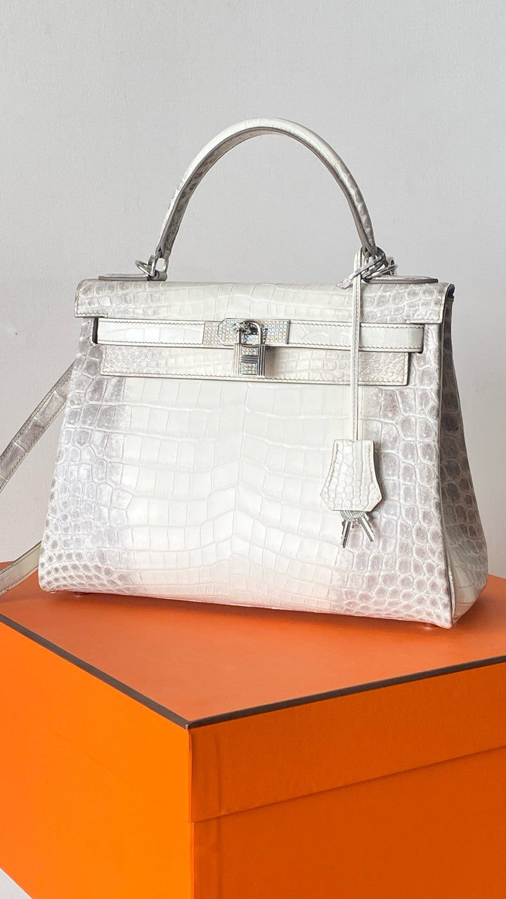 Hermes Kelly Bag 25cm Matte Himalaya Nilo Crocodile Retourne with Diamond Hardware