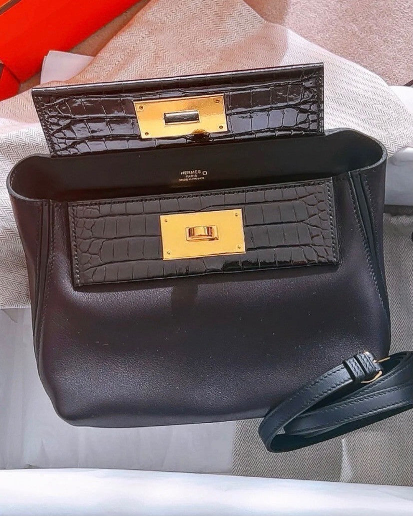 Hermes 2424 Mini Touch Black Volupto Leather  with Alligator Gold Hardware
