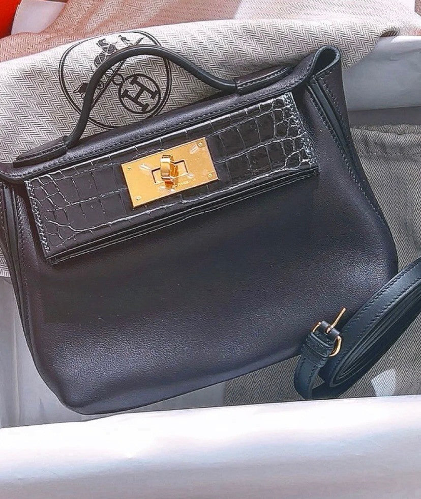 Hermes 2424 Mini Touch Black Volupto Leather  with Alligator Gold Hardware