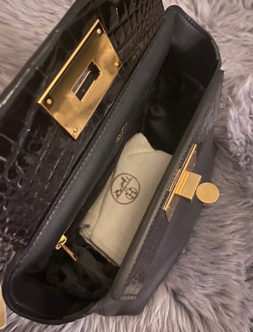 Hermes 2424 Mini Touch Black Volupto Leather  with Alligator Gold Hardware