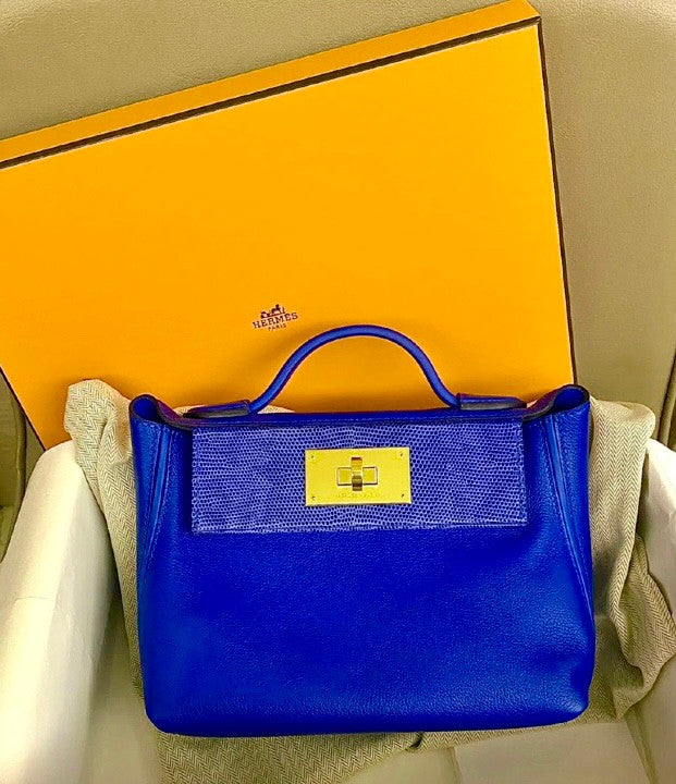 Hermes 2424 Mini Touch Blue Electric Volupto Leather  with Lizard Gold Hardware