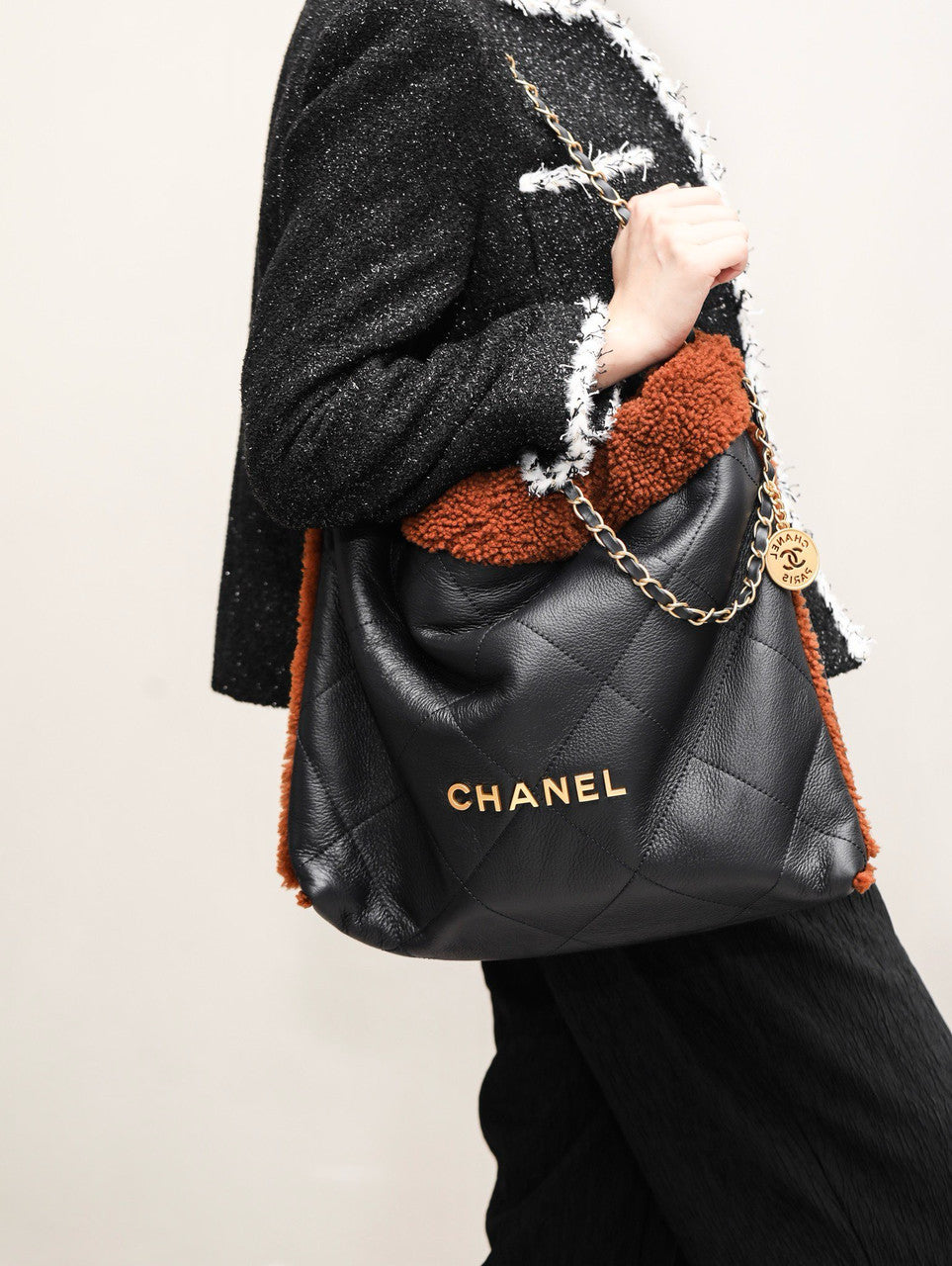 CHANEL 22 SMALL HANDBAG Shiny Aged Lambskin Shearling