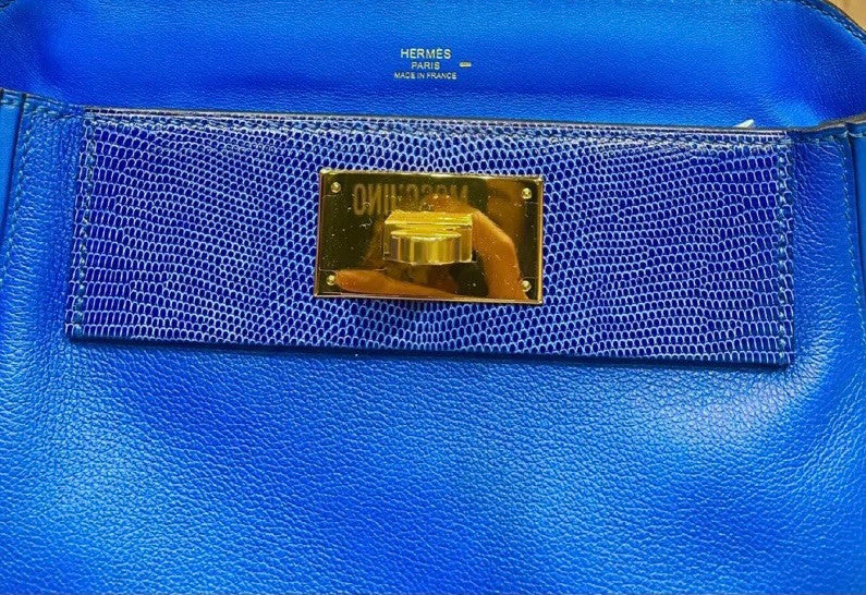 Hermes 2424 Mini Touch Blue Electric Volupto Leather  with Lizard Gold Hardware