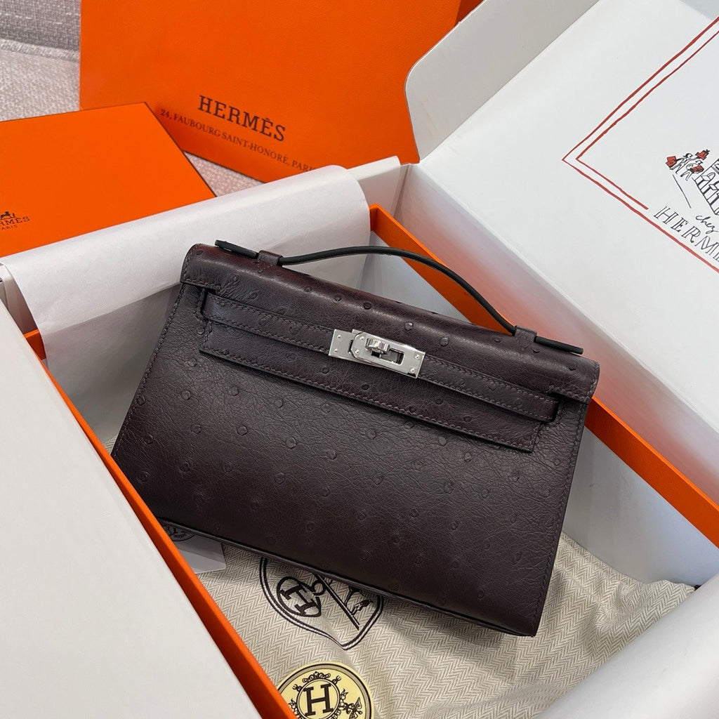 Hermes Black Mini Kelly Pochette Ostrich with Palladium Hardware