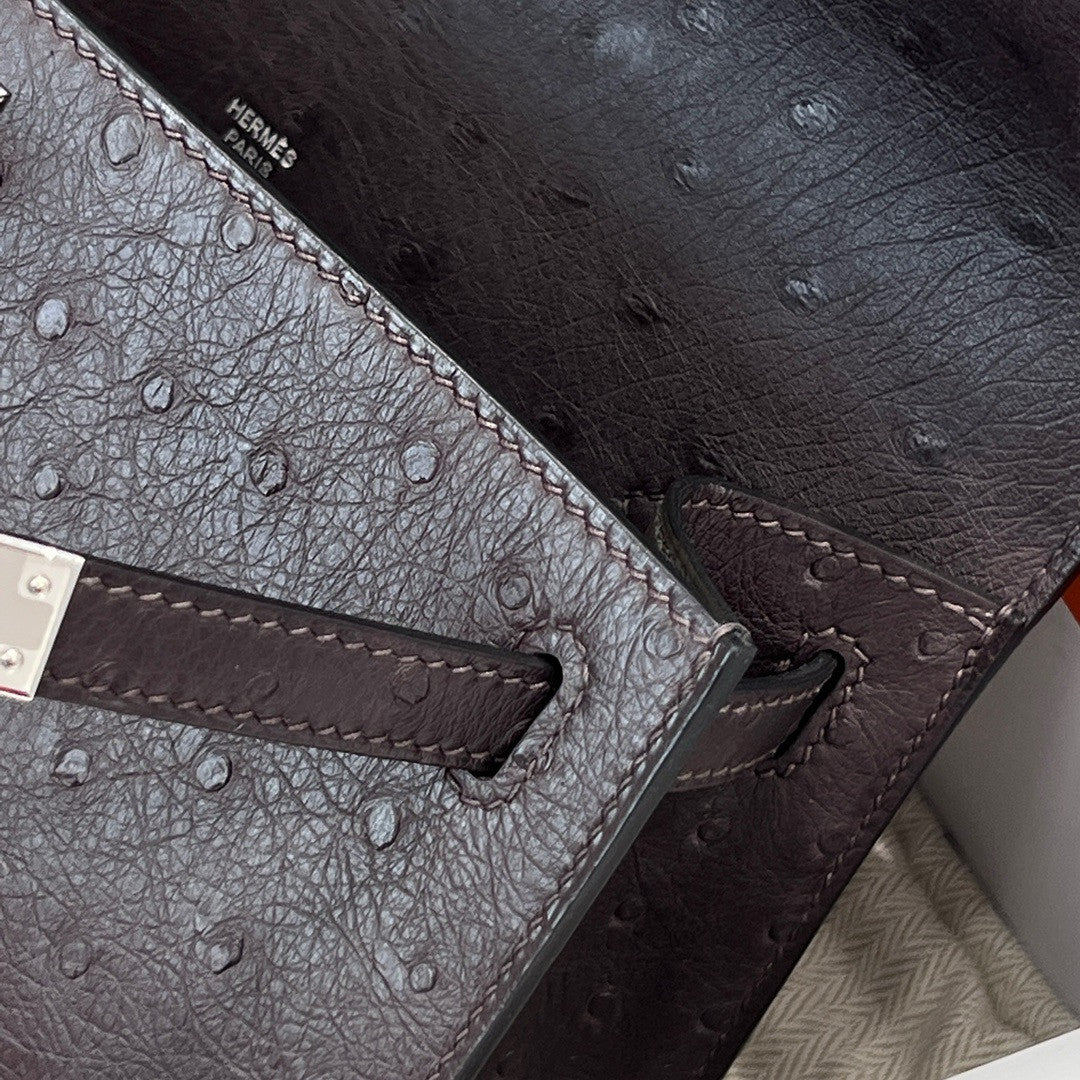 Hermes Black Mini Kelly Pochette Ostrich with Palladium Hardware