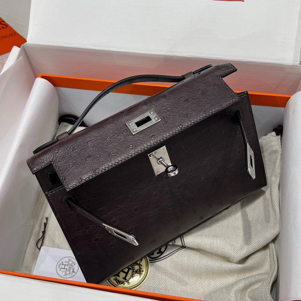 Hermes Black Mini Kelly Pochette Ostrich with Palladium Hardware