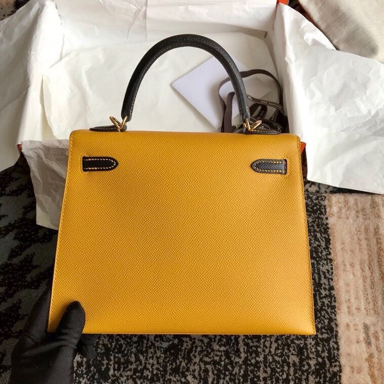 Hermes Amber/Black Kelly 25 cm Epsom Gold Hardware