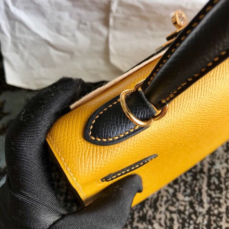 Hermes Amber/Black Kelly 25 cm Epsom Gold Hardware