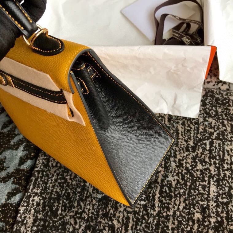 Hermes Amber/Black Kelly 25 cm Epsom Gold Hardware