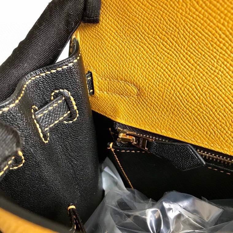 Hermes Amber/Black Kelly 25 cm Epsom Gold Hardware