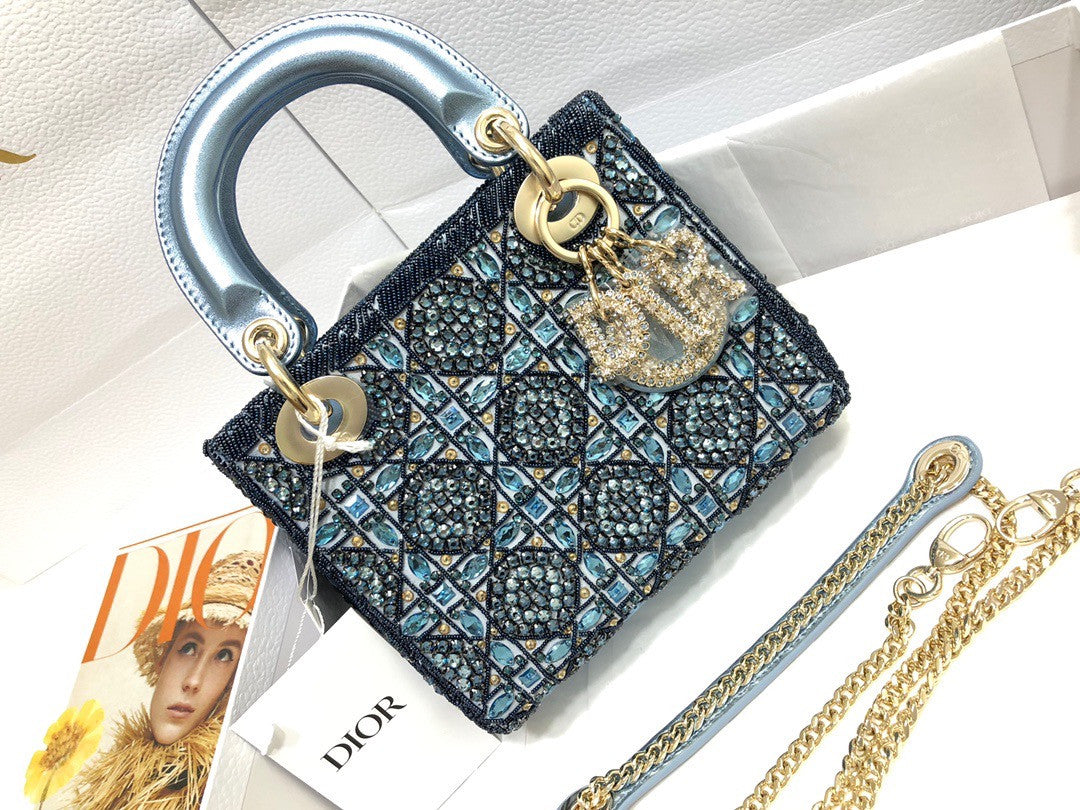 Christian Dior Limited Edition Small Blue Lady Dior bag with crystal and embroidered beads
