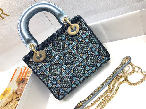 Christian Dior Limited Edition Small Blue Lady Dior bag with crystal and embroidered beads