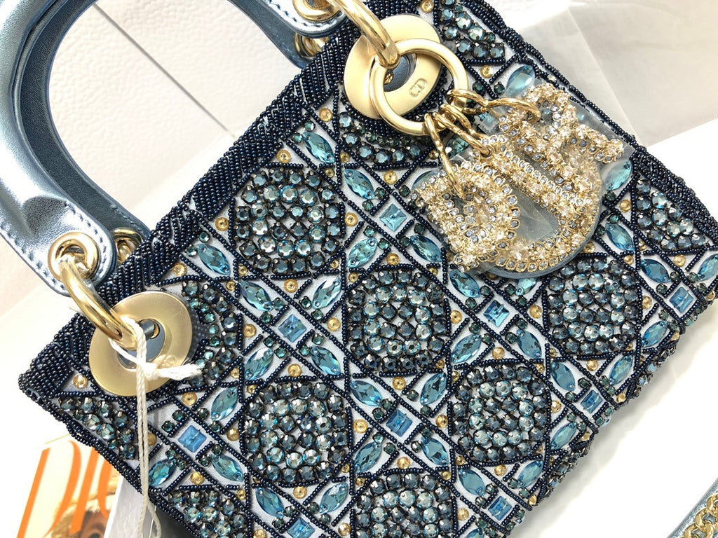 Christian Dior Limited Edition Small Blue Lady Dior bag with crystal and embroidered beads