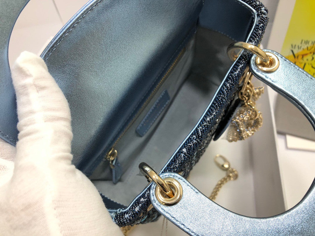 Christian Dior Limited Edition Small Blue Lady Dior bag with crystal and embroidered beads