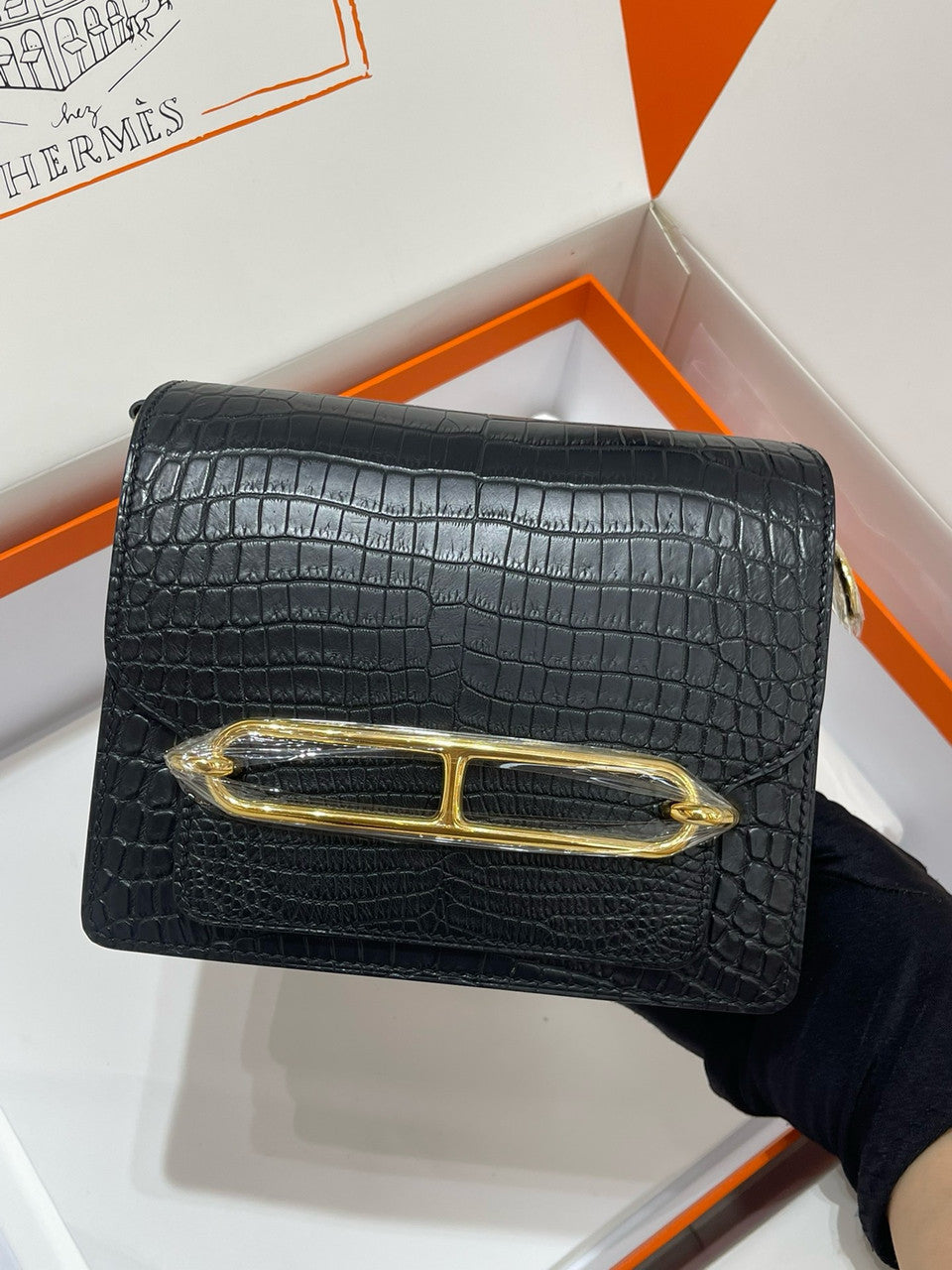 Hermes Noir Nile Crocodile GHW Roulis Mini 18/19 Handbag