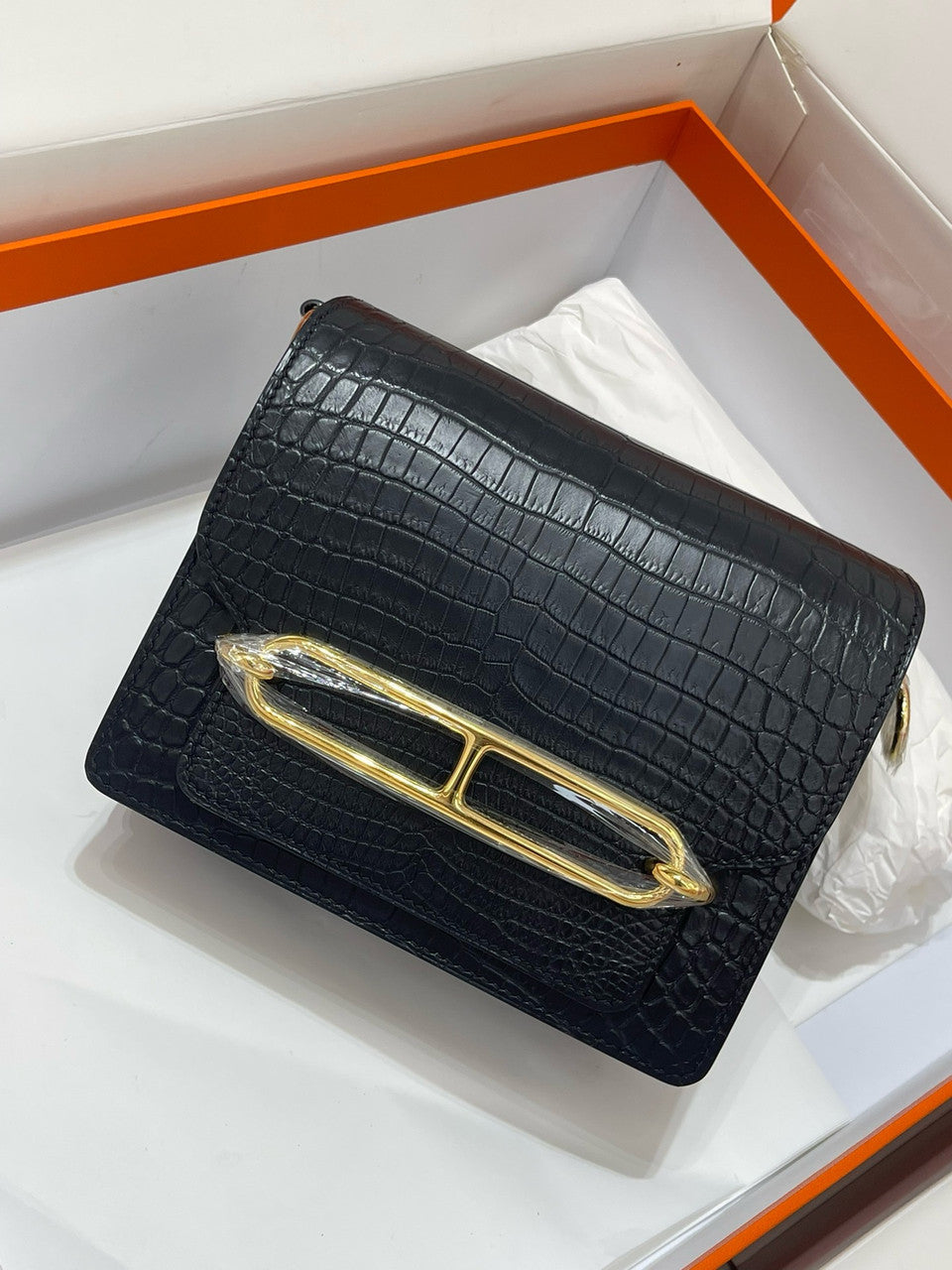 Hermes Noir Nile Crocodile GHW Roulis Mini 18/19 Handbag