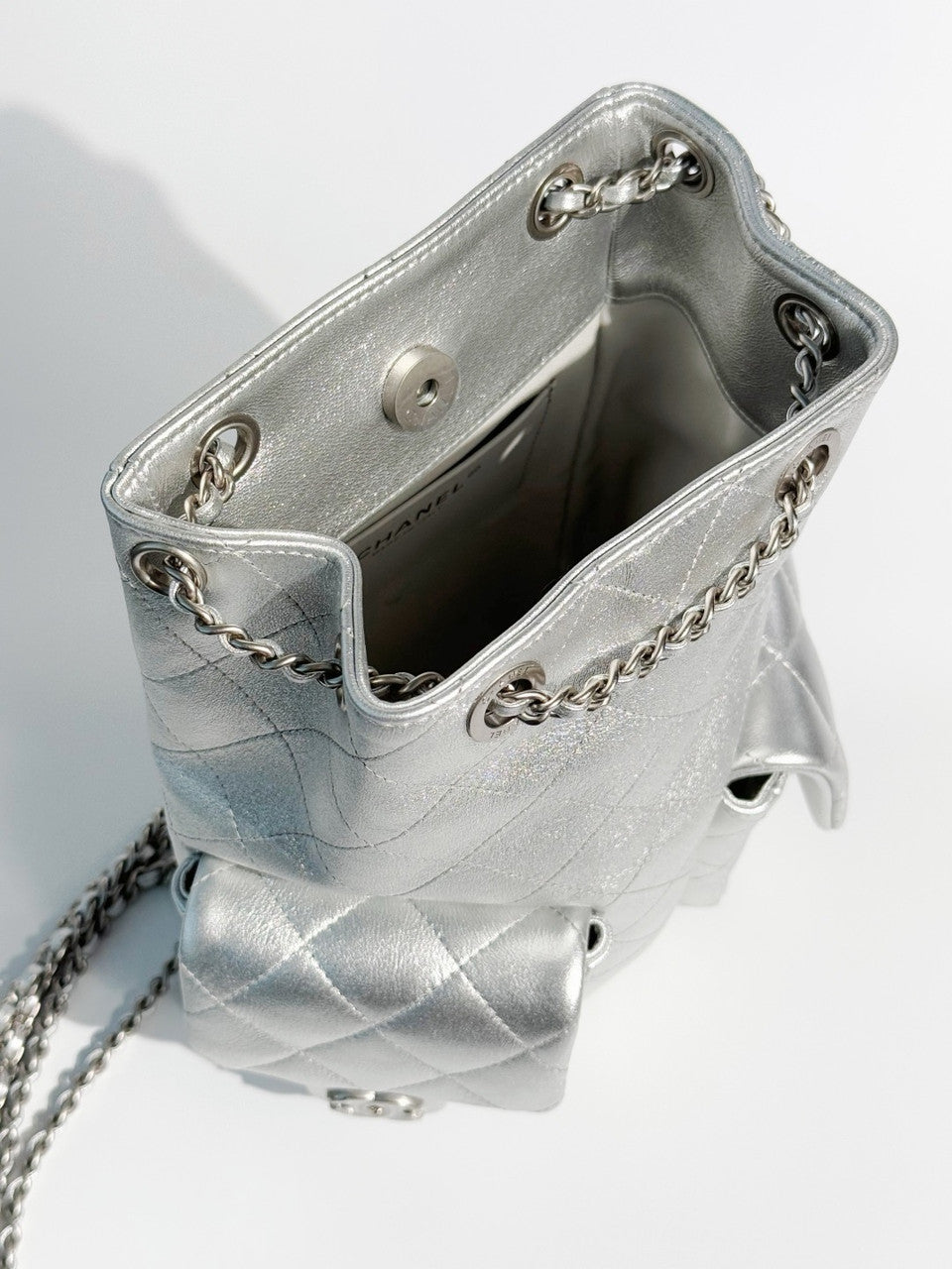 Chanel CRUISE 2024/25 Silver BACKPACK Shiny Lambskin & Gold-Tone Metal Chanel