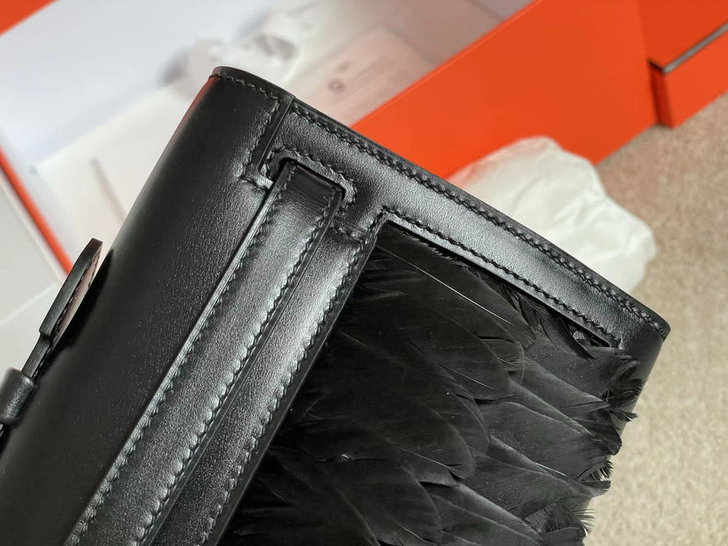 HERMÈS Kelly Cut Black Boxcalf with BlackPeacock Feather GHW Limited Edition