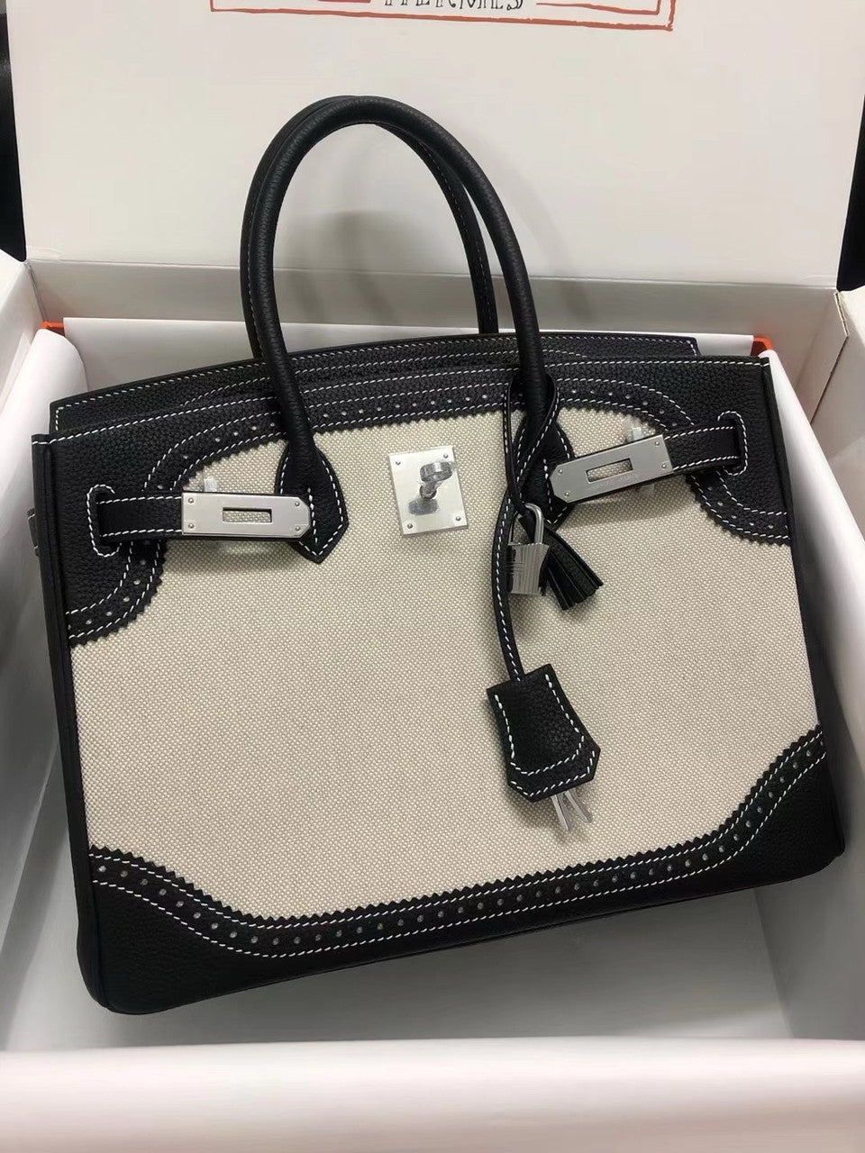 Hermes Birkin Ghillies 40 cm handbag in Black Togo Leather and Beige canvas