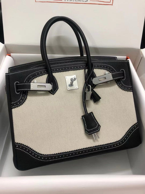 Hermes Birkin Ghillies 40 cm handbag in Black Togo Leather and Beige canvas