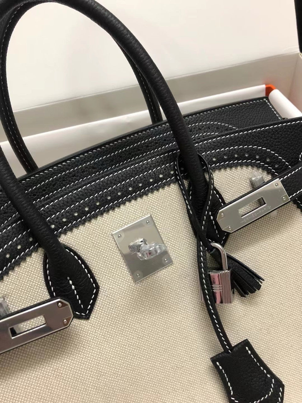 Hermes Birkin Ghillies 40 cm handbag in Black Togo Leather and Beige canvas