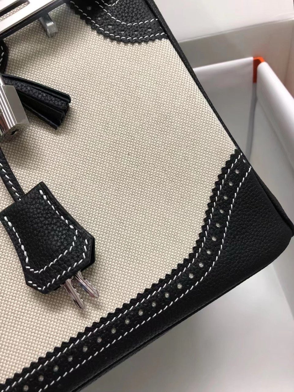 Hermes Birkin Ghillies 40 cm handbag in Black Togo Leather and Beige canvas