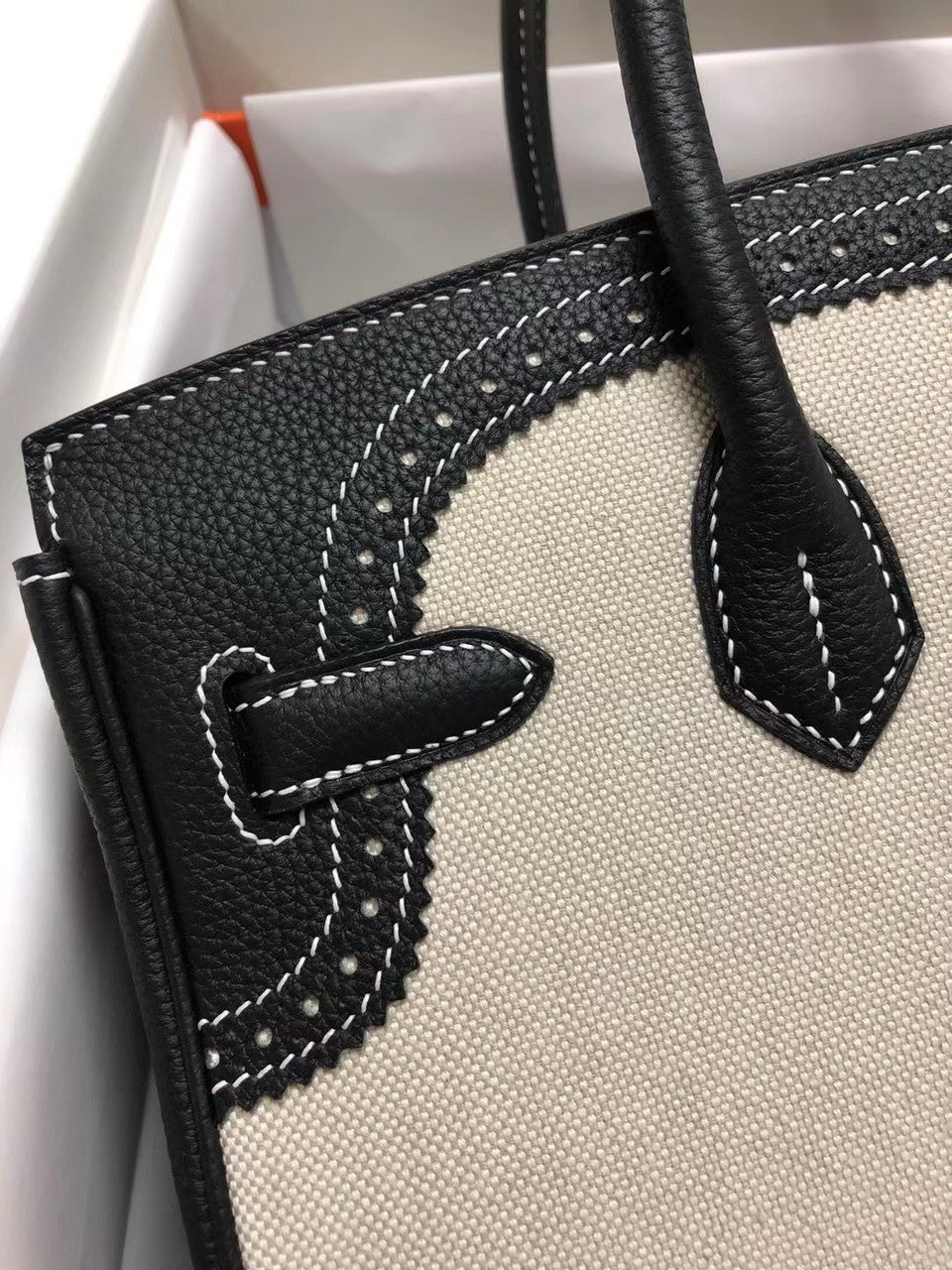 Hermes Birkin Ghillies 40 cm handbag in Black Togo Leather and Beige canvas