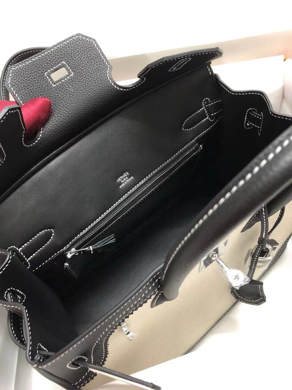 Hermes Birkin Ghillies 40 cm handbag in Black Togo Leather and Beige canvas