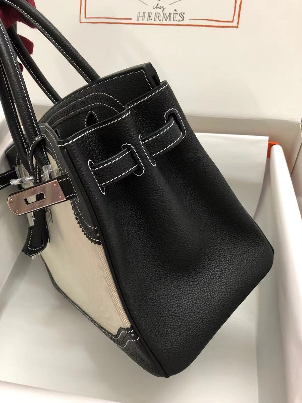Hermes Birkin Ghillies 40 cm handbag in Black Togo Leather and Beige canvas