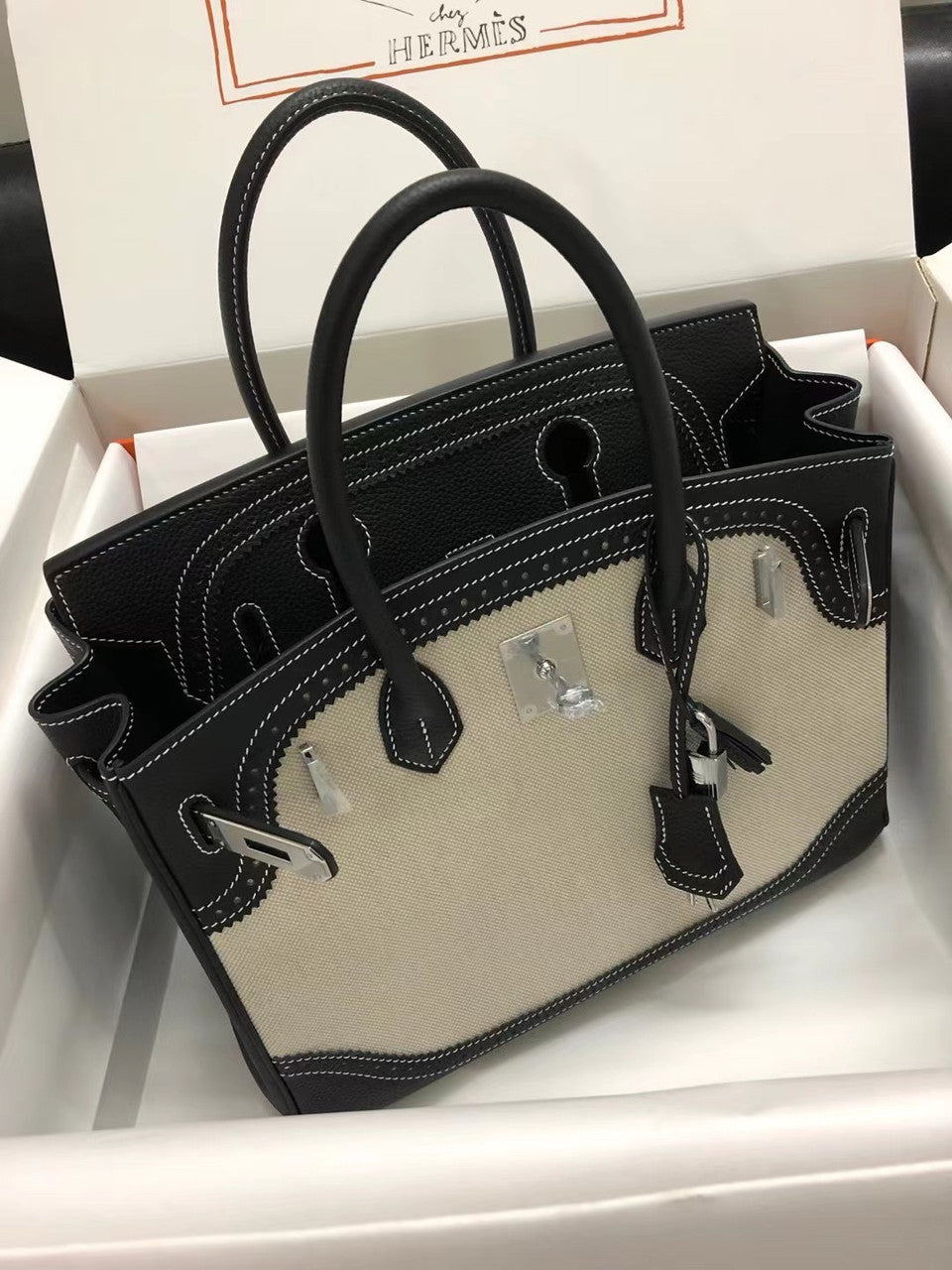 Hermes Birkin Ghillies 40 cm handbag in Black Togo Leather and Beige canvas