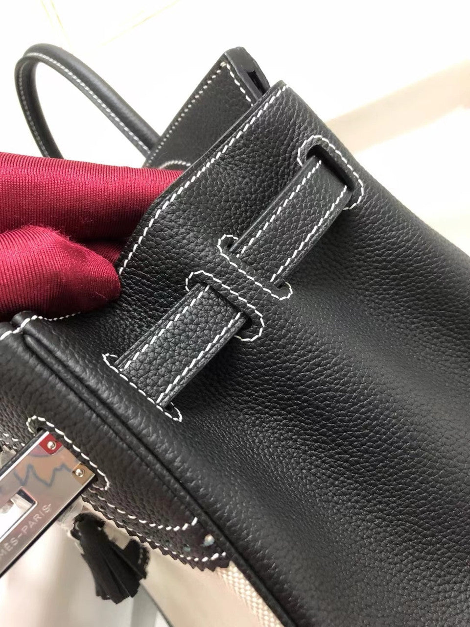 Hermes Birkin Ghillies 40 cm handbag in Black Togo Leather and Beige canvas