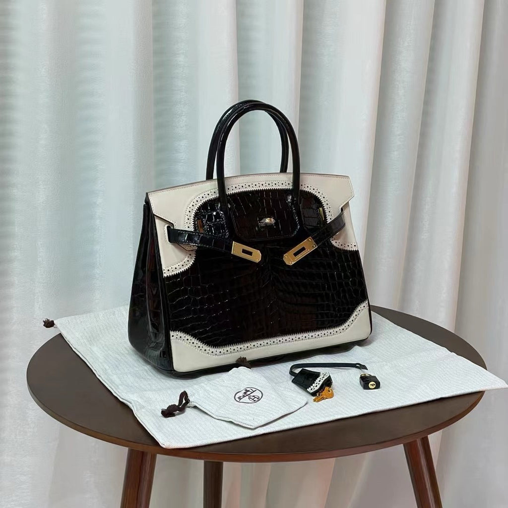 Hermes Birkin Ghillies 30 cm handbag in Craie Swift leather and Black Alligator