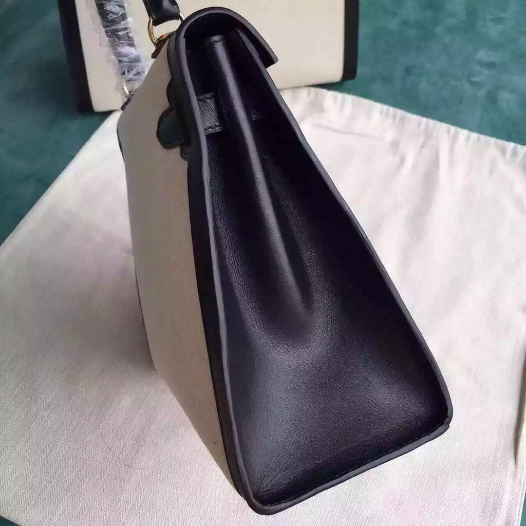 Hermes Black Kelly Bag 28 cm Box Calf & Toile Canvas Gold Hardware